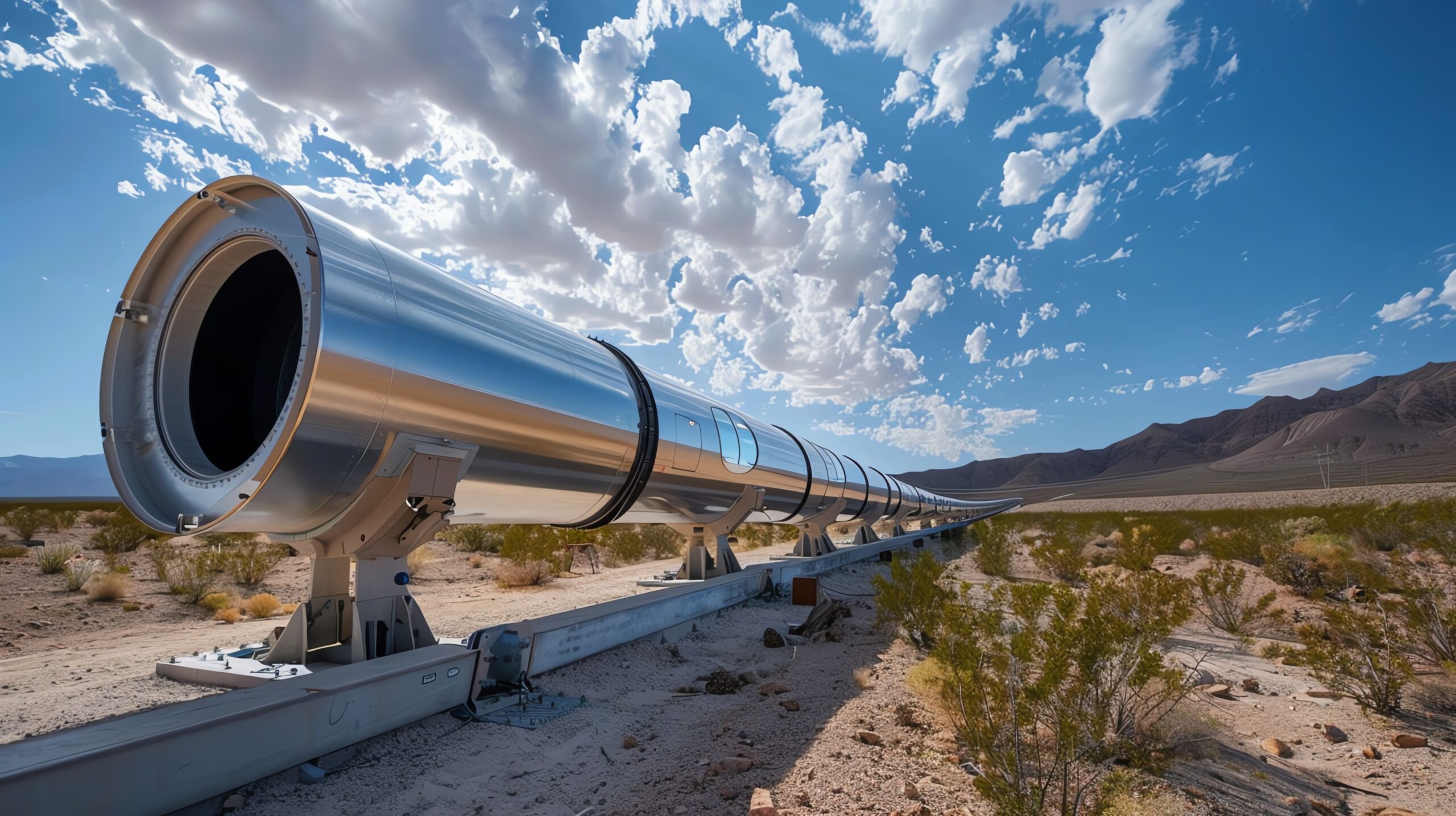 Steel hyperloop tunnel test track in desert under blue sky with clouds, representing futuristic transportation and innovation technology.